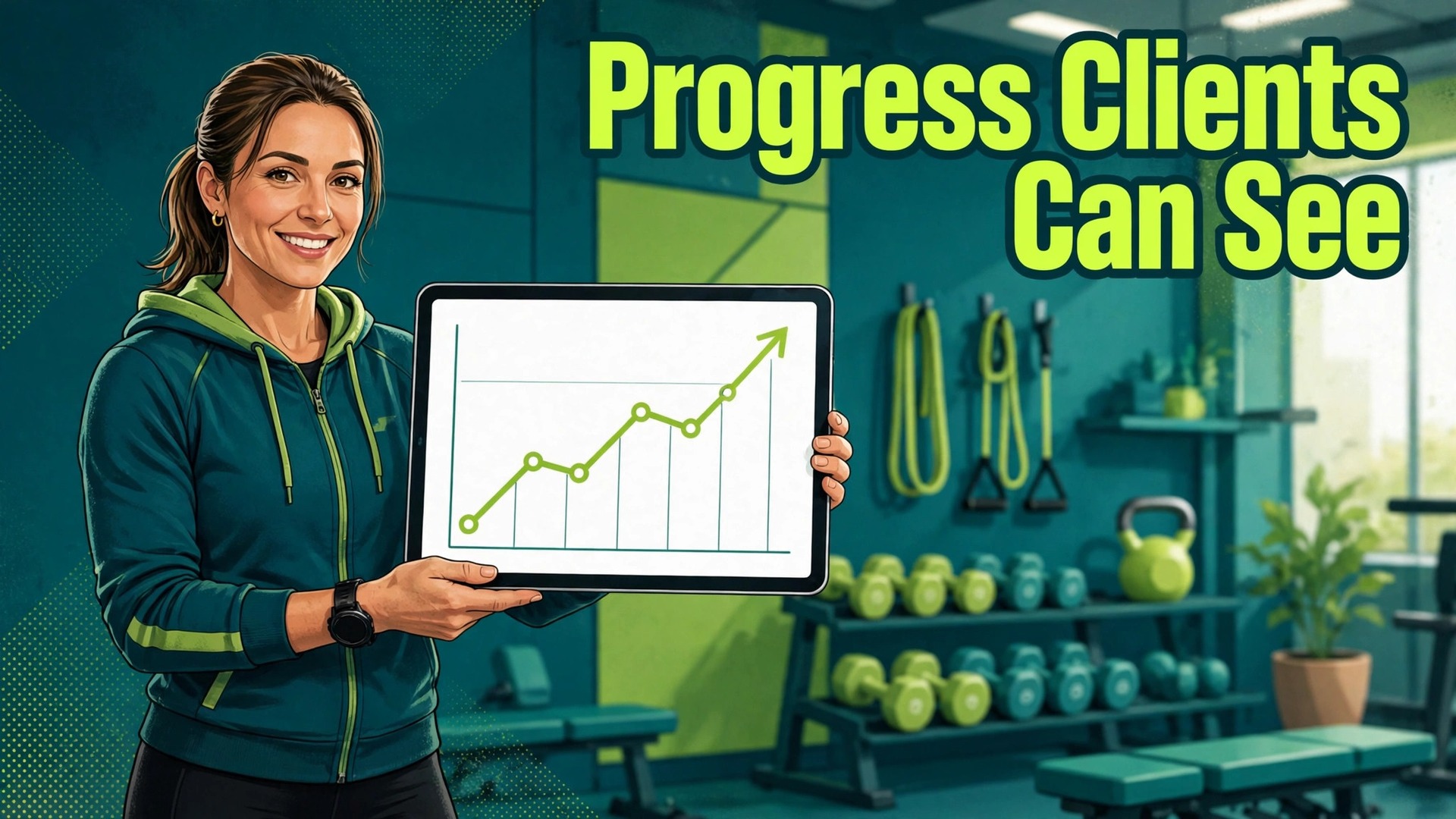use AI for fitness coaching client progress tracking thumbnail showing a coach reviewing client progress charts and bold title text Track Fitness Clients with AI