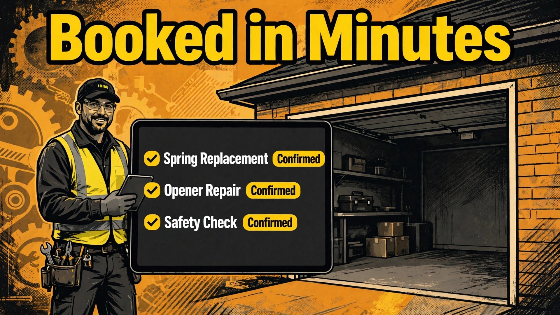 use AI for garage door repair scheduling thumbnail showing a garage door technician schedule on a phone and bold title text Schedule Garage Door Repairs with AI