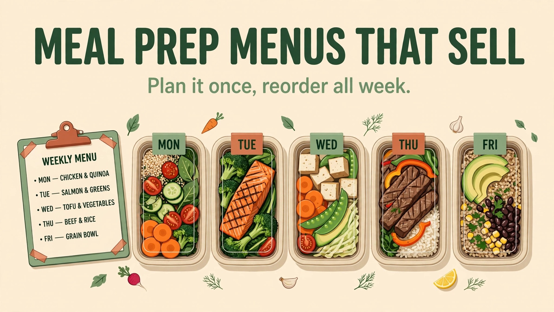 use AI for meal prep business menu planning thumbnail showing a weekly meal prep menu board and bold title text Plan Meal Prep Menus with AI