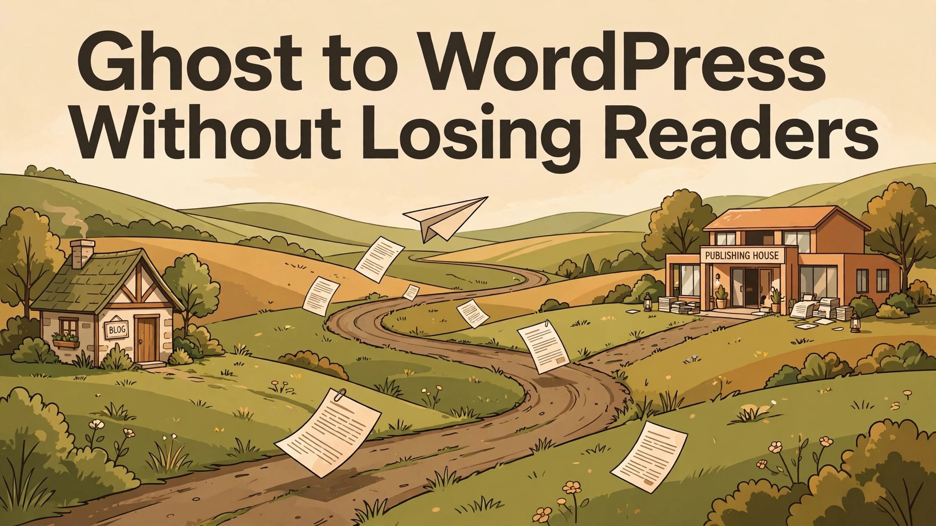 migrate Ghost to WordPress bloggers thumbnail showing a blog cottage journey to a publishing house and bold title text Ghost to WordPress Without Losing Readers