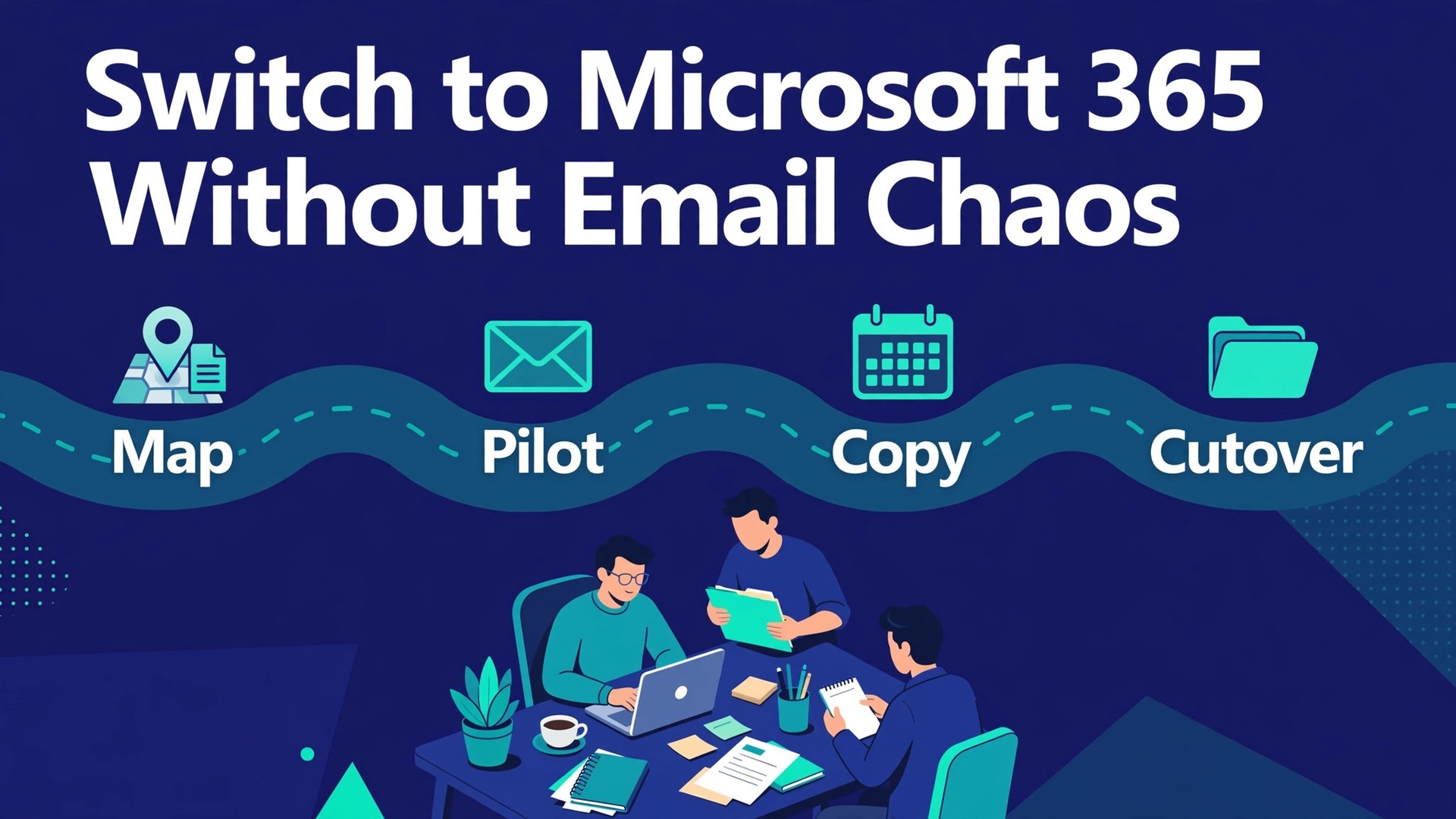 migrate Google Workspace to Microsoft 365 small business thumbnail showing a team mapping mail calendar and files and bold title text Switch to Microsoft 365 Without Email Chaos