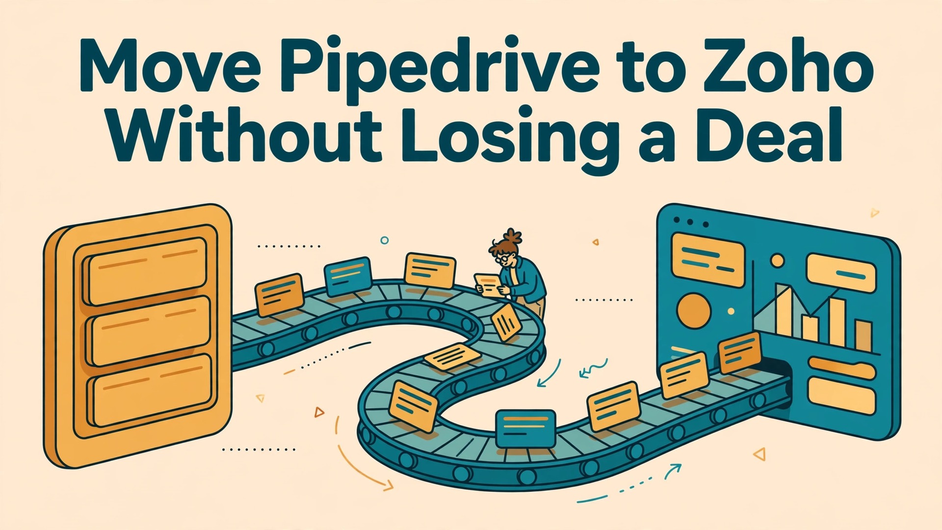 migrate Pipedrive to Zoho CRM small business thumbnail showing deals moving on a conveyor into a new CRM and bold title text Move Pipedrive to Zoho Without Losing a Deal