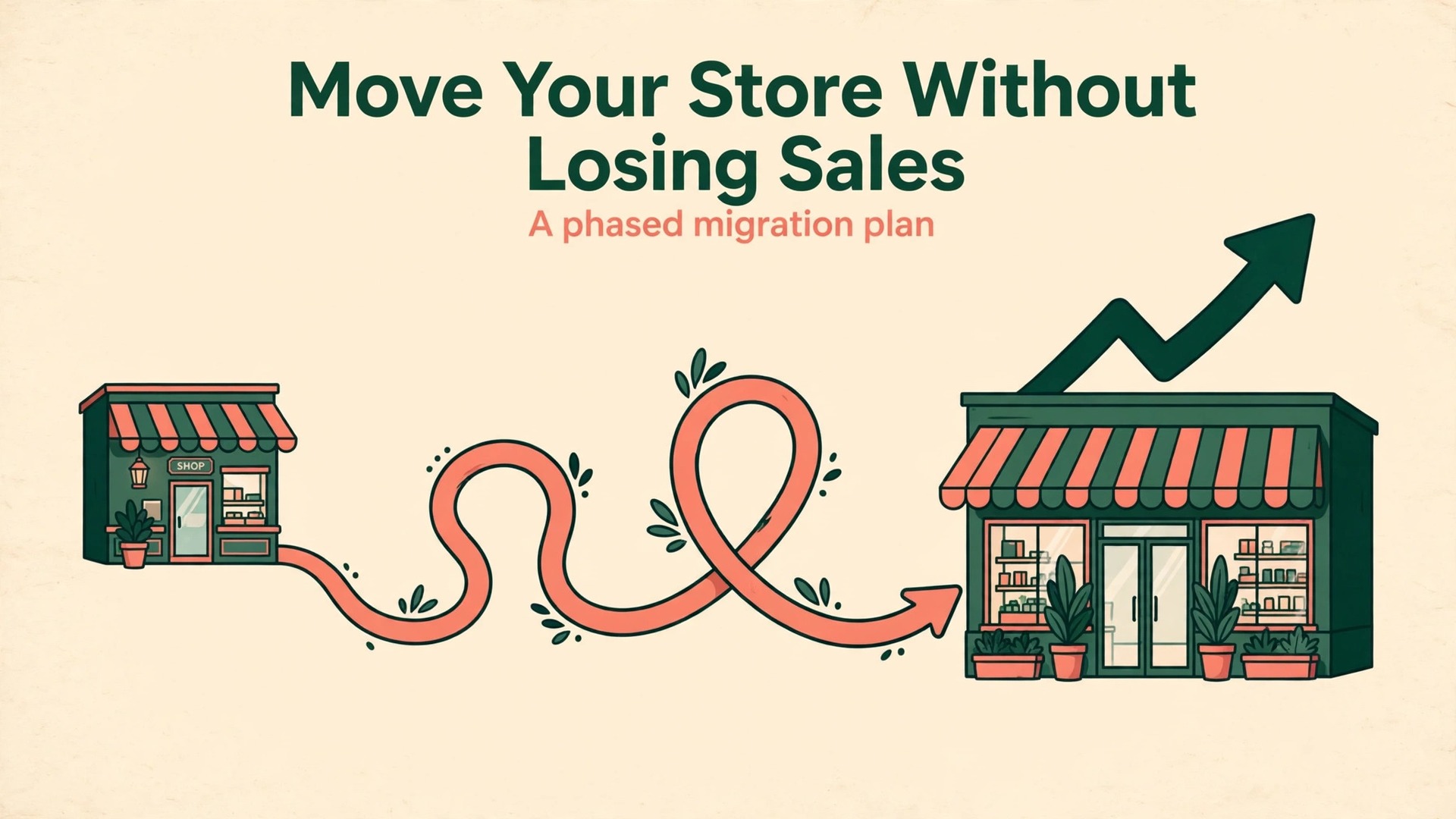 migrate Shopify to BigCommerce growing store thumbnail showing a small shop growing into a larger storefront and bold title text Move Your Store Without Losing Sales