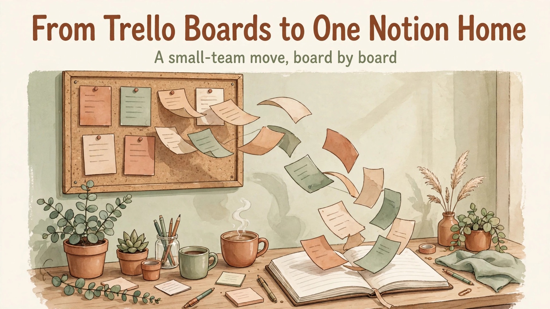 migrate Trello to Notion small team thumbnail showing board cards flying into a notebook and bold title text From Trello Boards to One Notion Home