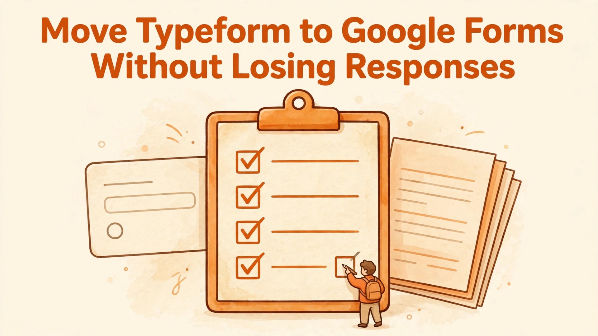 migrate Typeform to Google Forms small business thumbnail showing a form checklist with responses carried over and bold title text Move Typeform to Google Forms Without Losing Responses