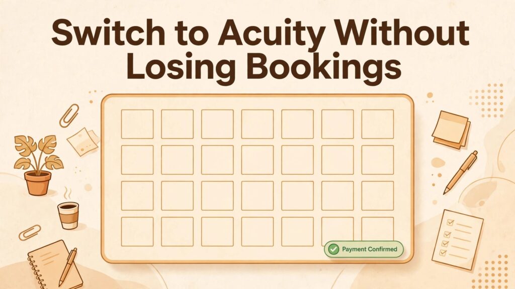 switch Calendly to Acuity Scheduling small business thumbnail showing a blank booking calendar with a payment confirmed badge and bold title text Switch to Acuity Without Losing Bookings