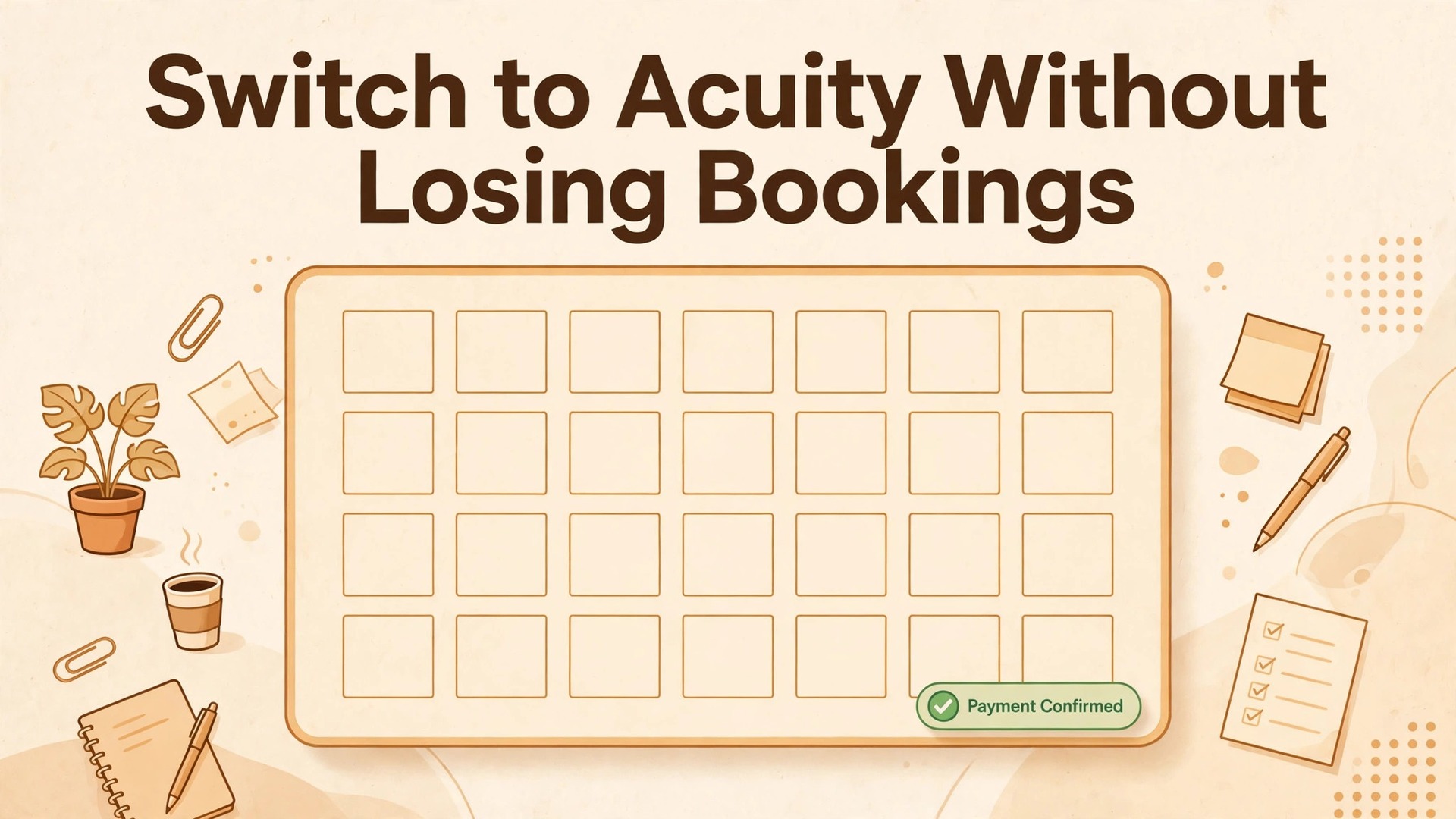 switch Calendly to Acuity Scheduling small business thumbnail showing a blank booking calendar with a payment confirmed badge and bold title text Switch to Acuity Without Losing Bookings