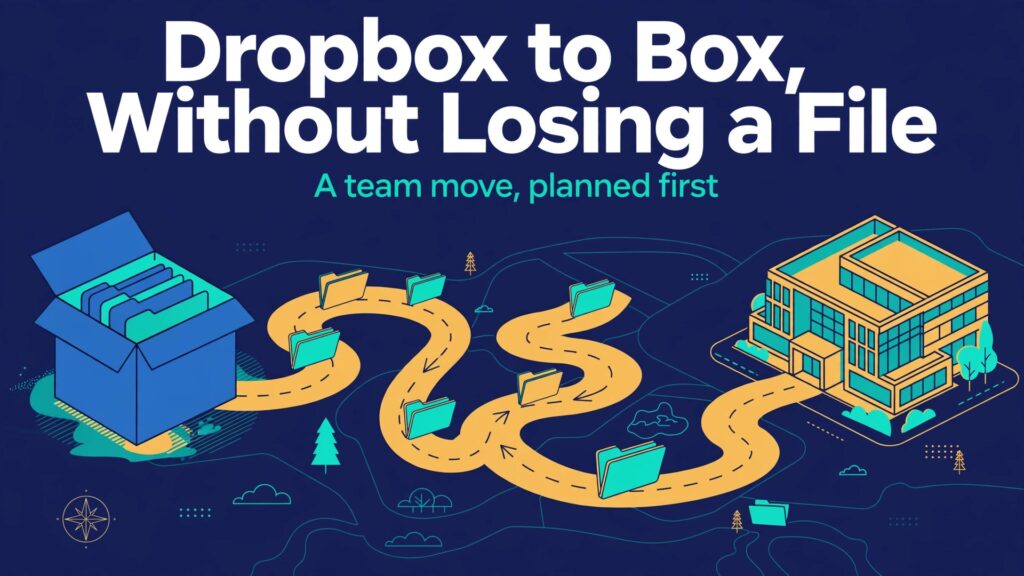 switch Dropbox to Box business team thumbnail showing folders travelling a winding road to an office building and bold title text Dropbox to Box Without Losing a File