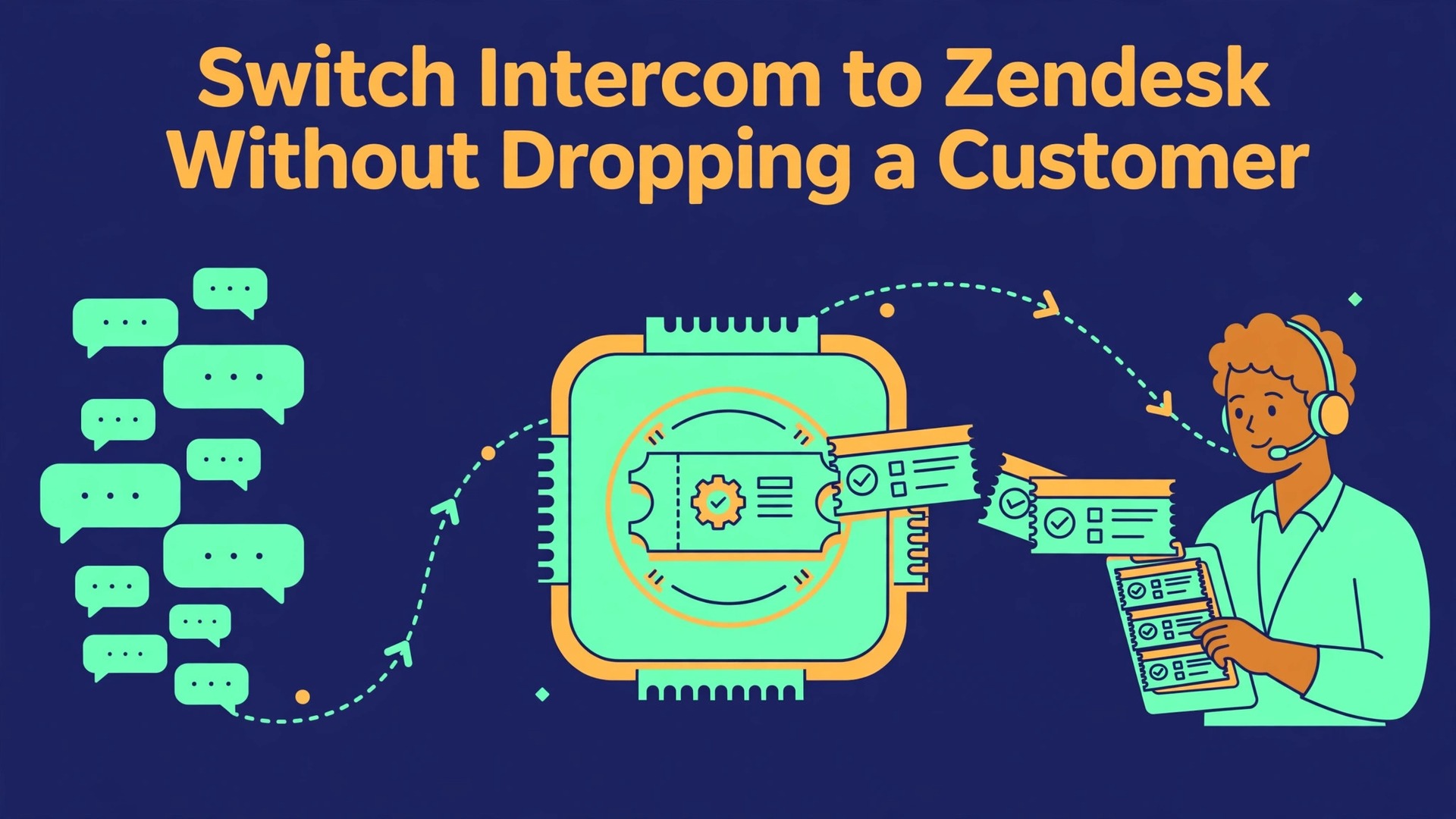 switch Intercom to Zendesk support team thumbnail showing chat messages becoming support tickets and bold title text Switch Intercom to Zendesk Without Dropping a Customer