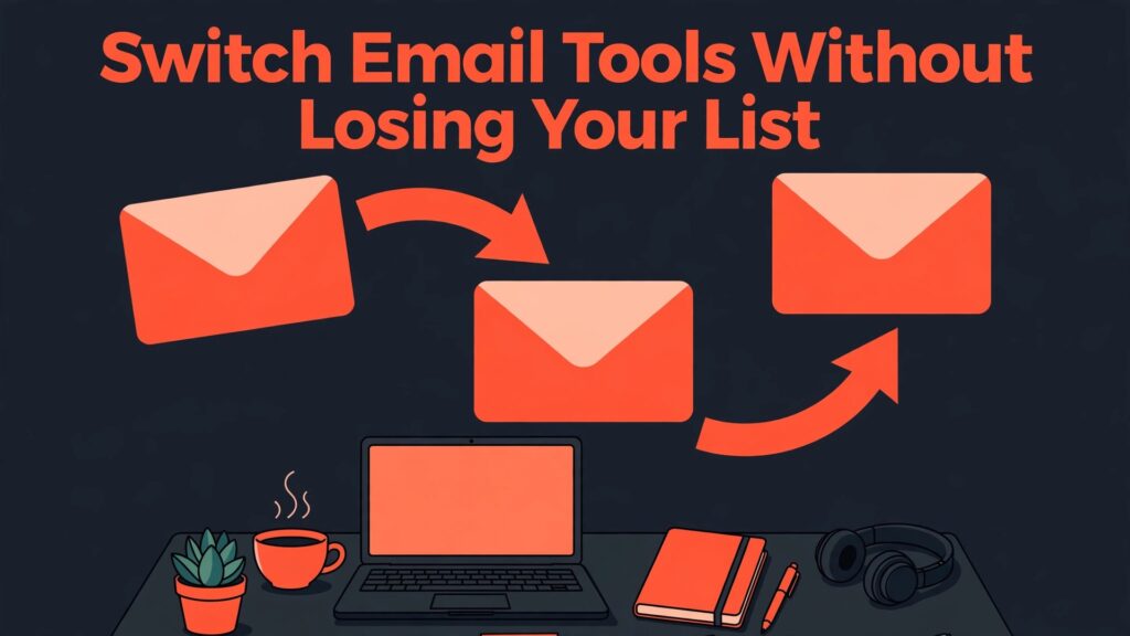 switch Mailchimp to MailerLite email creators thumbnail showing envelopes moving to a new inbox and bold title text Switch Email Tools Without Losing Your List