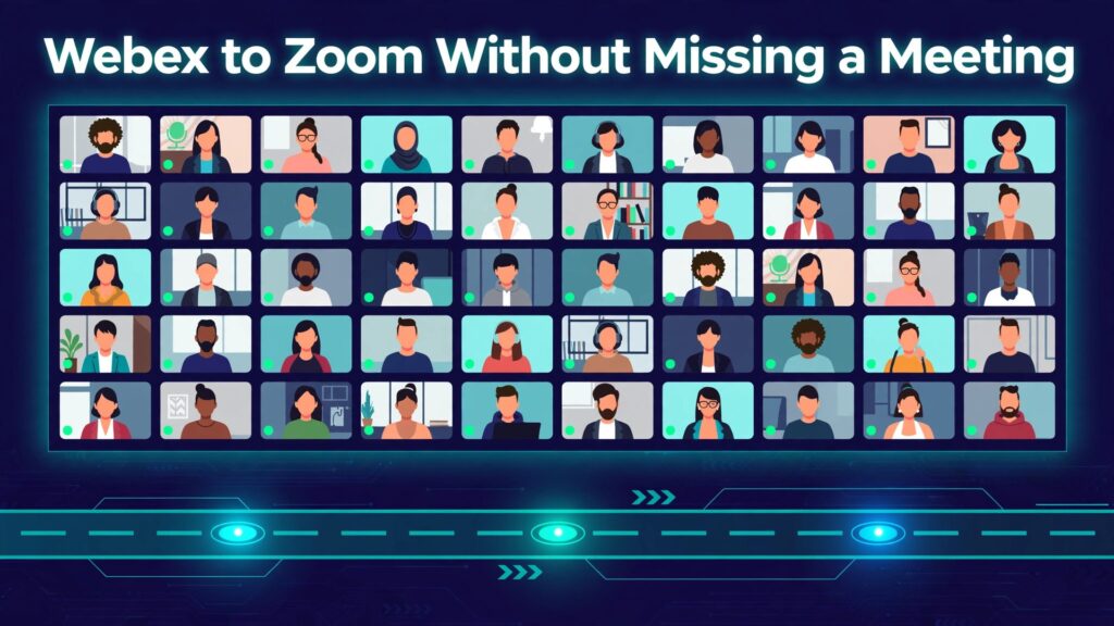 switch Webex to Zoom enterprise team thumbnail showing a large video meeting grid and bold title text Webex to Zoom Without Missing a Meeting