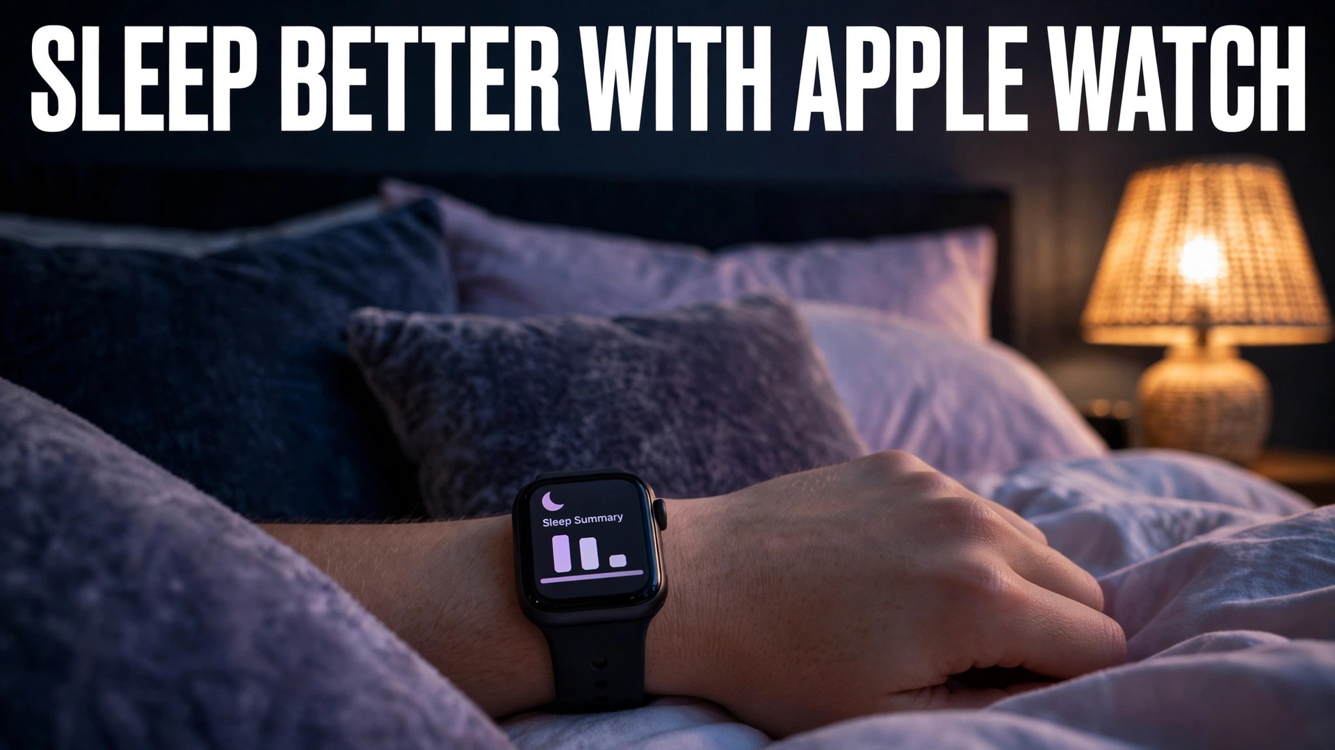 set up Apple Watch for sleep tracking beginners thumbnail showing an Apple Watch with a sleep summary on a wrist in bed at night and bold title text SLEEP BETTER WITH APPLE WATCH