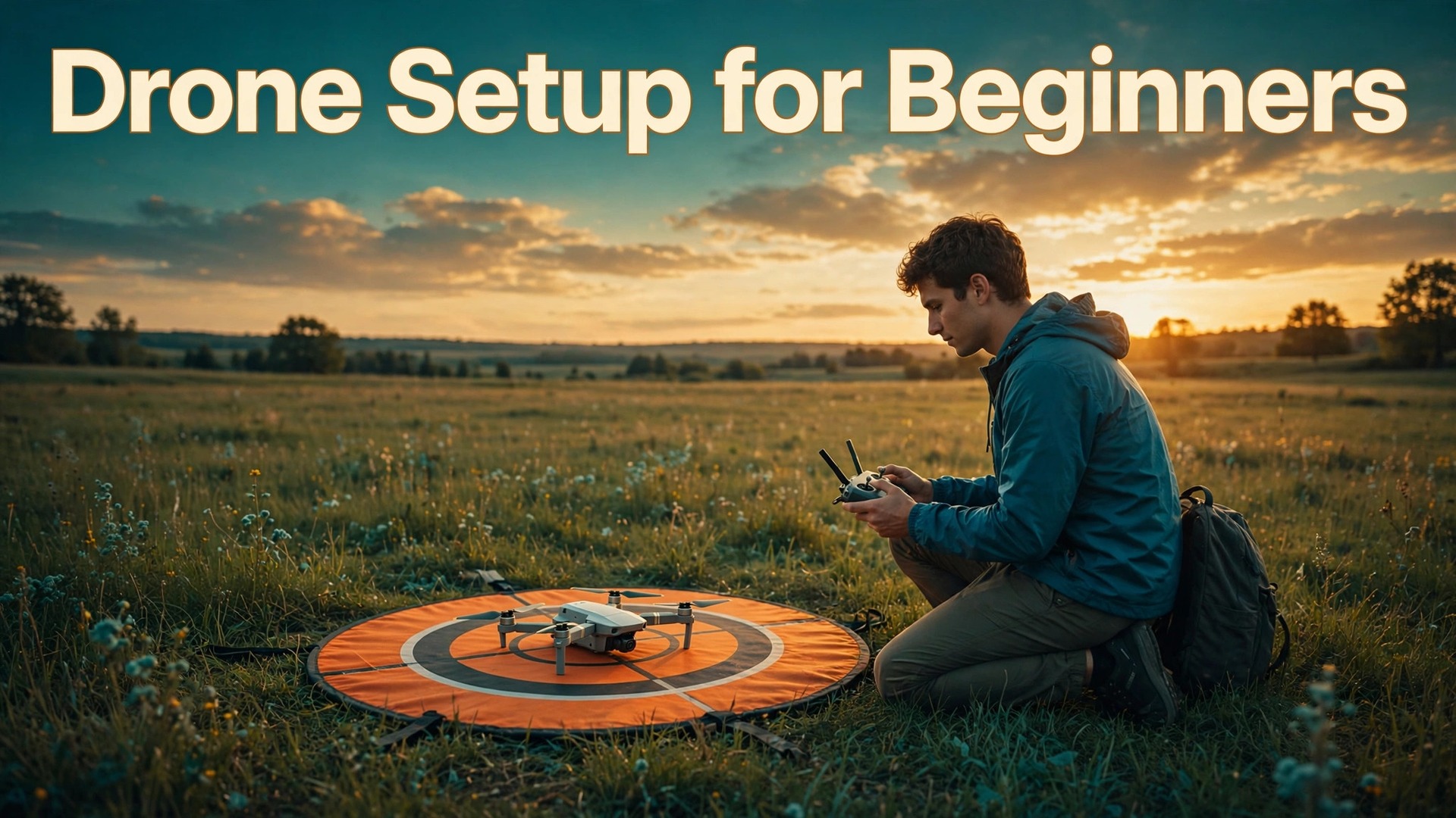 set up drone for beginners thumbnail showing a beginner flying a drone from a landing pad in an open field at sunset and bold title text Drone Setup for Beginners