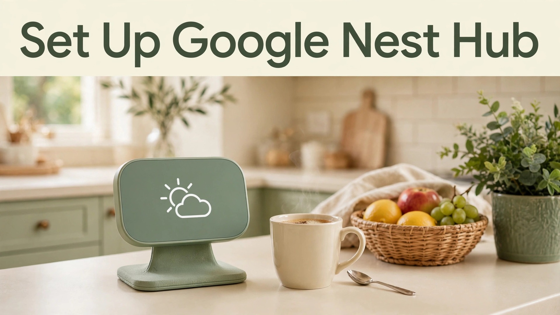 set up Google Nest Hub for smart home beginners thumbnail showing a smart display with a weather symbol in a bright kitchen and bold title text Set Up Google Nest Hub