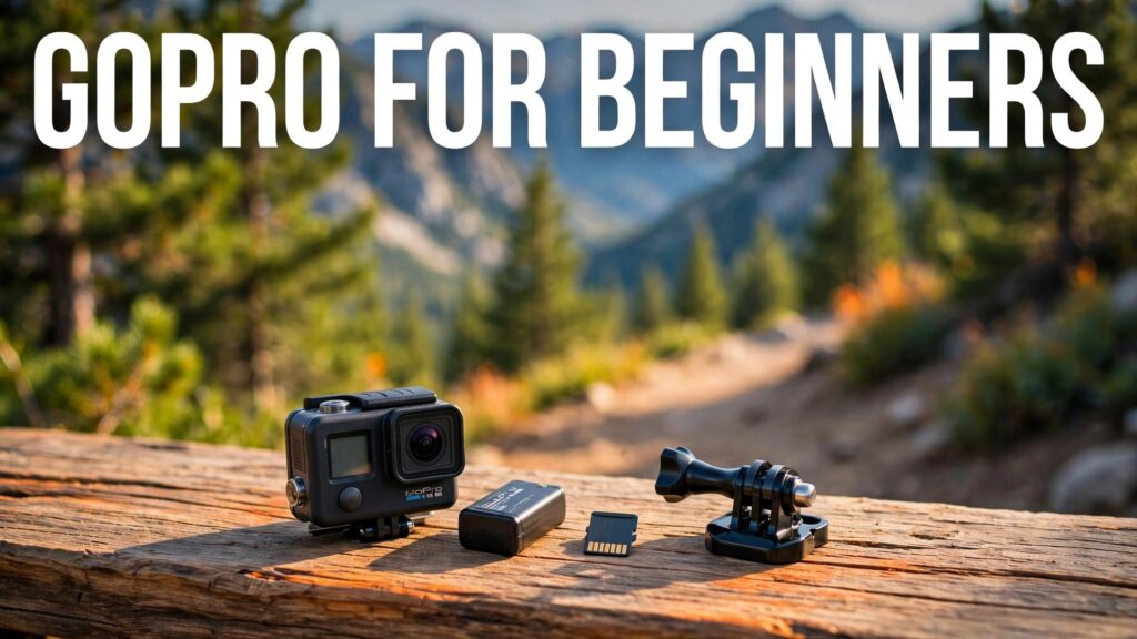 set up GoPro for beginners thumbnail showing a GoPro camera with battery memory card and mount on a wooden table outdoors and bold title text GOPRO FOR BEGINNERS