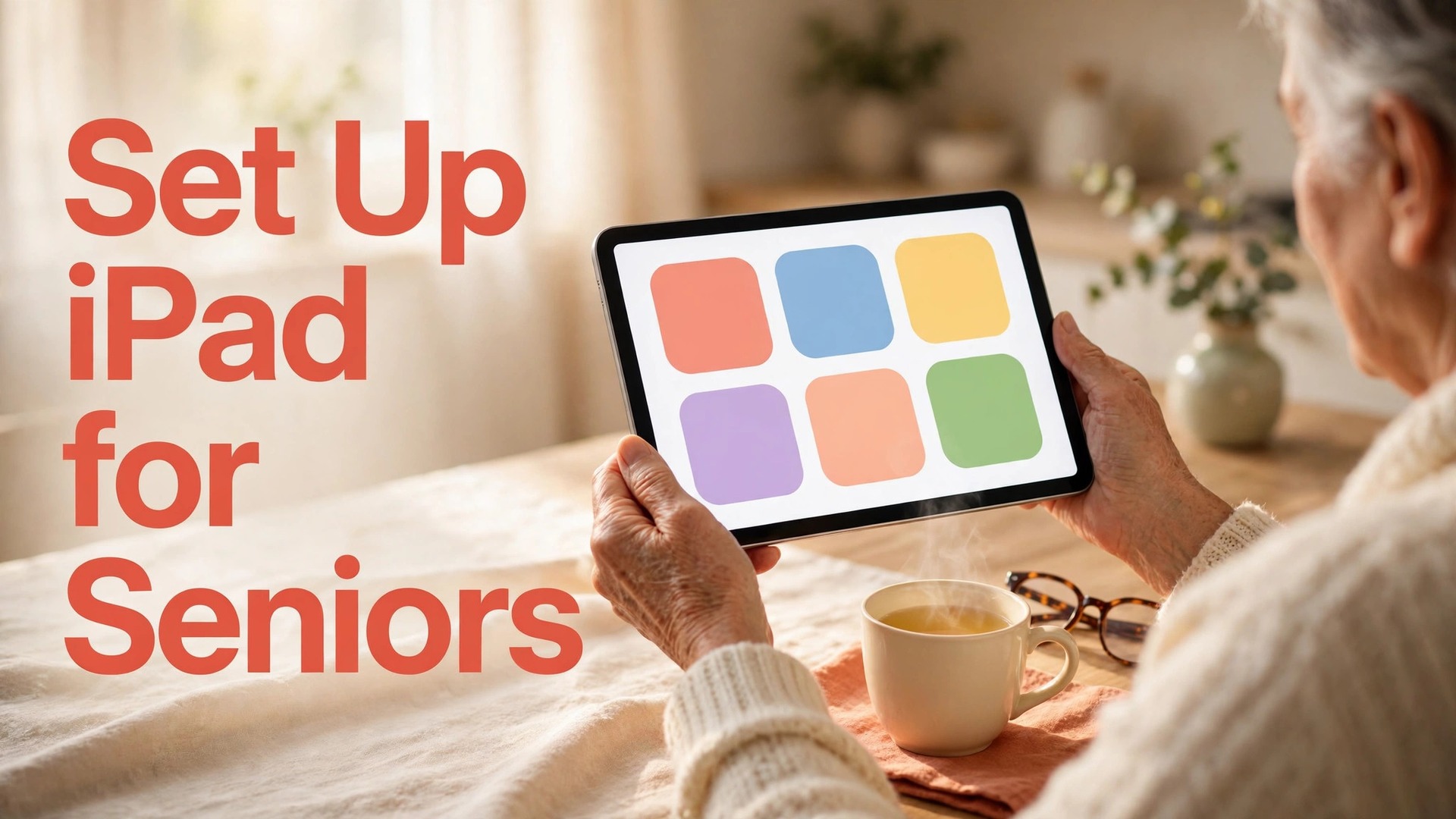 set up iPad for seniors beginners thumbnail showing a senior holding an iPad with large colourful app tiles and bold title text Set Up iPad for Seniors