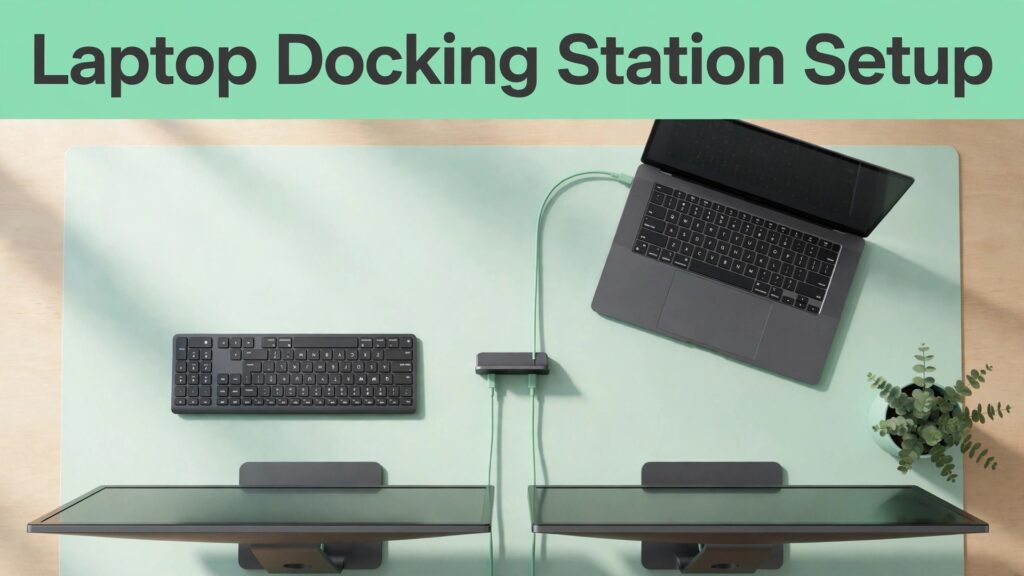 set up laptop docking station for home office thumbnail showing a laptop connected to a docking station with two monitors from above and bold title text Laptop Docking Station Setup