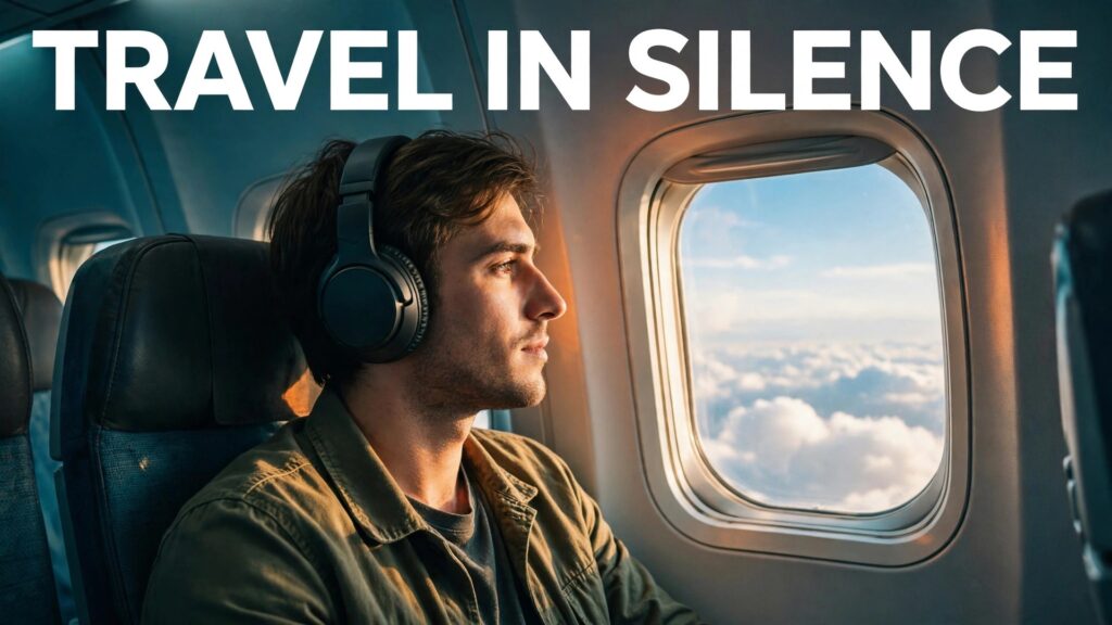 set up noise cancelling headphones for travel thumbnail showing a traveller wearing noise cancelling headphones beside an aeroplane window and bold title text TRAVEL IN SILENCE