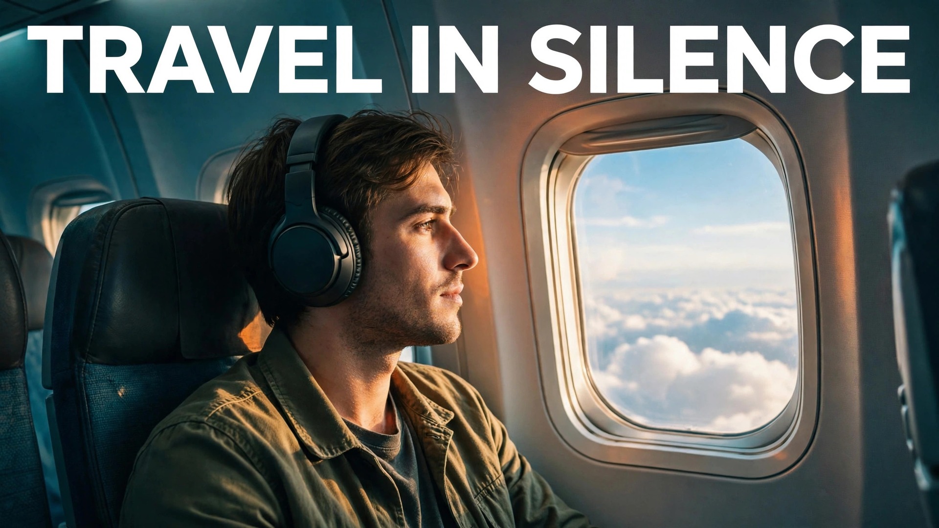 set up noise cancelling headphones for travel thumbnail showing a traveller wearing noise cancelling headphones beside an aeroplane window and bold title text TRAVEL IN SILENCE