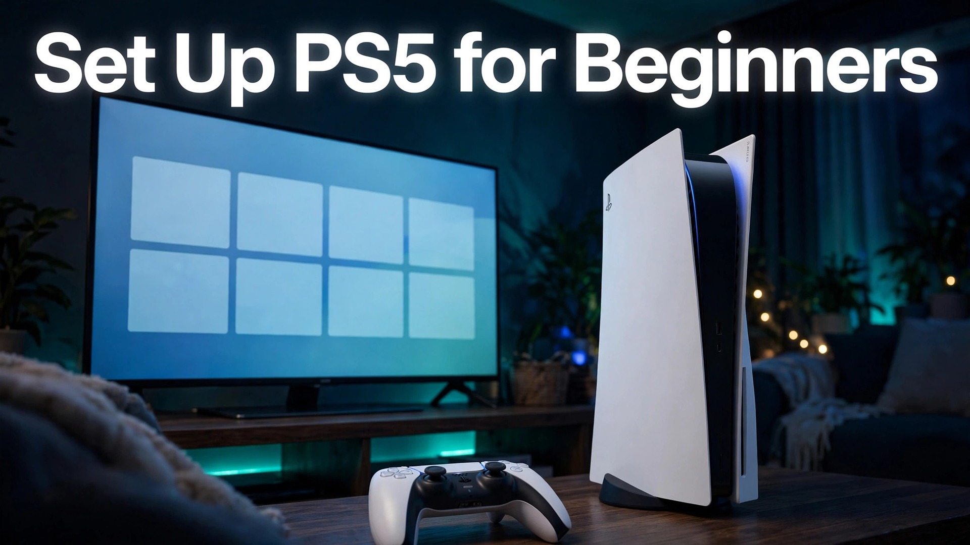 set up PS5 for beginners thumbnail showing a PS5 console and controller beside a television in an evening living room and bold title text Set Up PS5 for Beginners