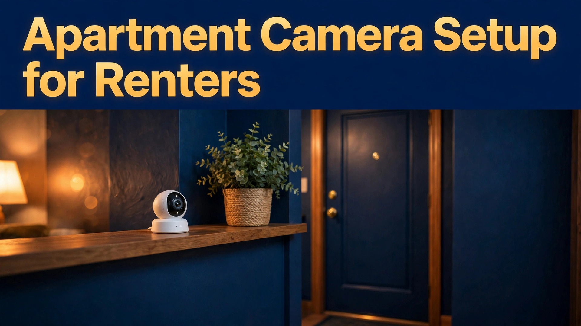 set up security camera for apartment renters thumbnail showing a small indoor camera on a shelf near an apartment door and bold title text Apartment Camera Setup for Renters