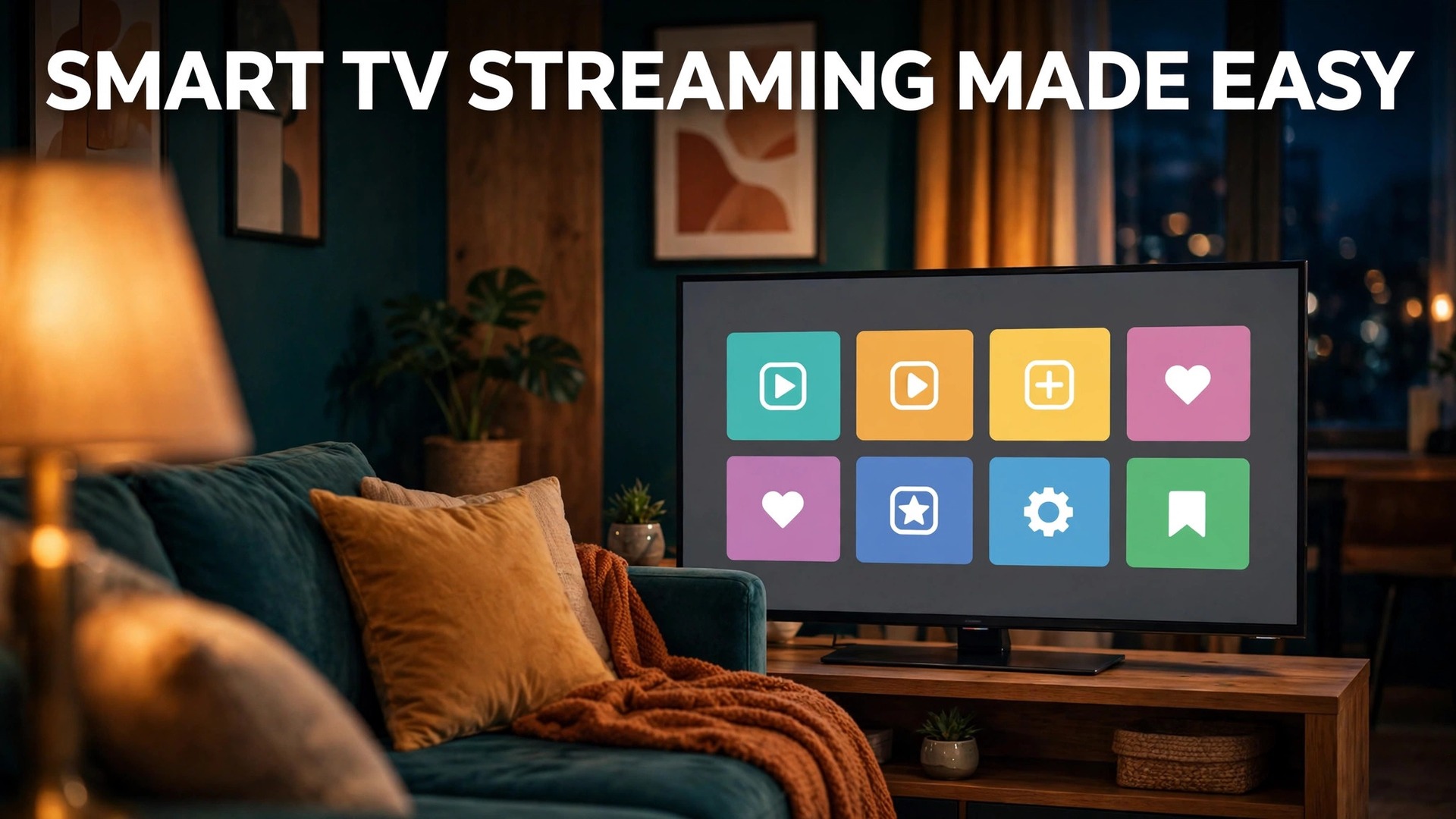 set up smart TV for streaming beginners thumbnail showing a living room television with colourful streaming app tiles and bold title text SMART TV STREAMING MADE EASY