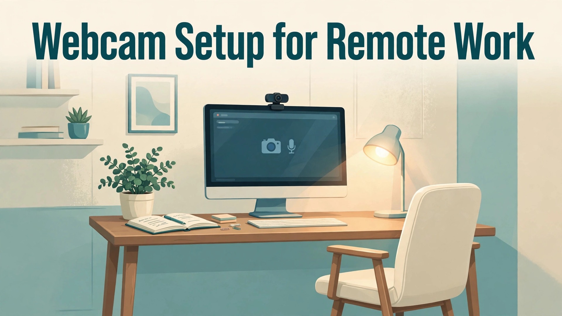 set up webcam for remote work beginners thumbnail showing a home desk with a monitor and webcam for video calls and bold title text Webcam Setup for Remote Work