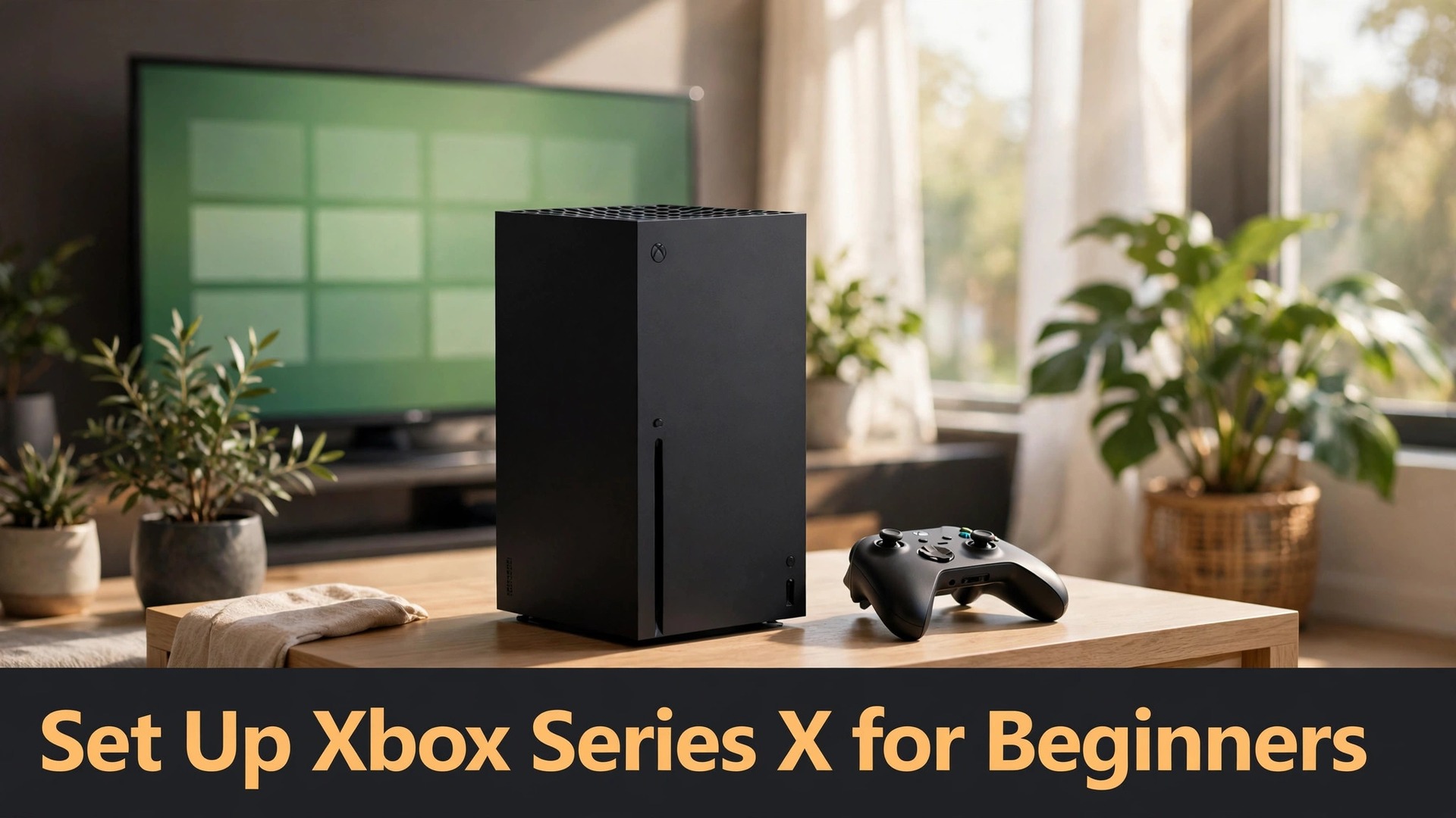 set up Xbox Series X for beginners thumbnail showing a black Xbox Series X console and controller on a wooden table in daylight and bold title text Set Up Xbox Series X for Beginners