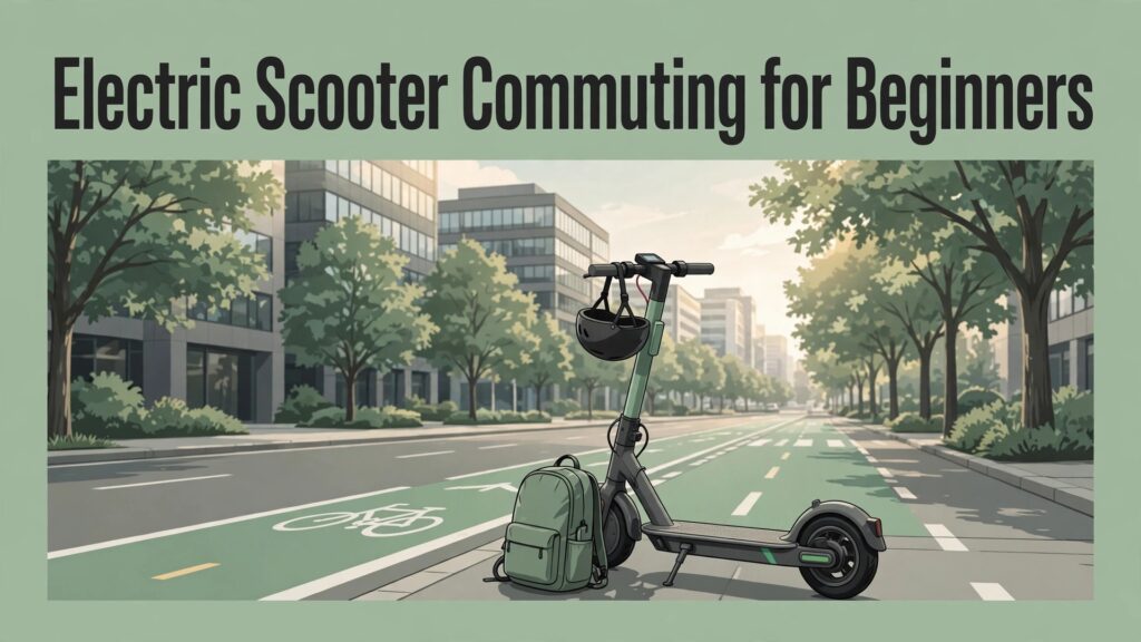 set up electric scooter for commuting beginners thumbnail showing an electric scooter with helmet and backpack on a city bike lane and bold title text Electric Scooter Commuting for Beginners