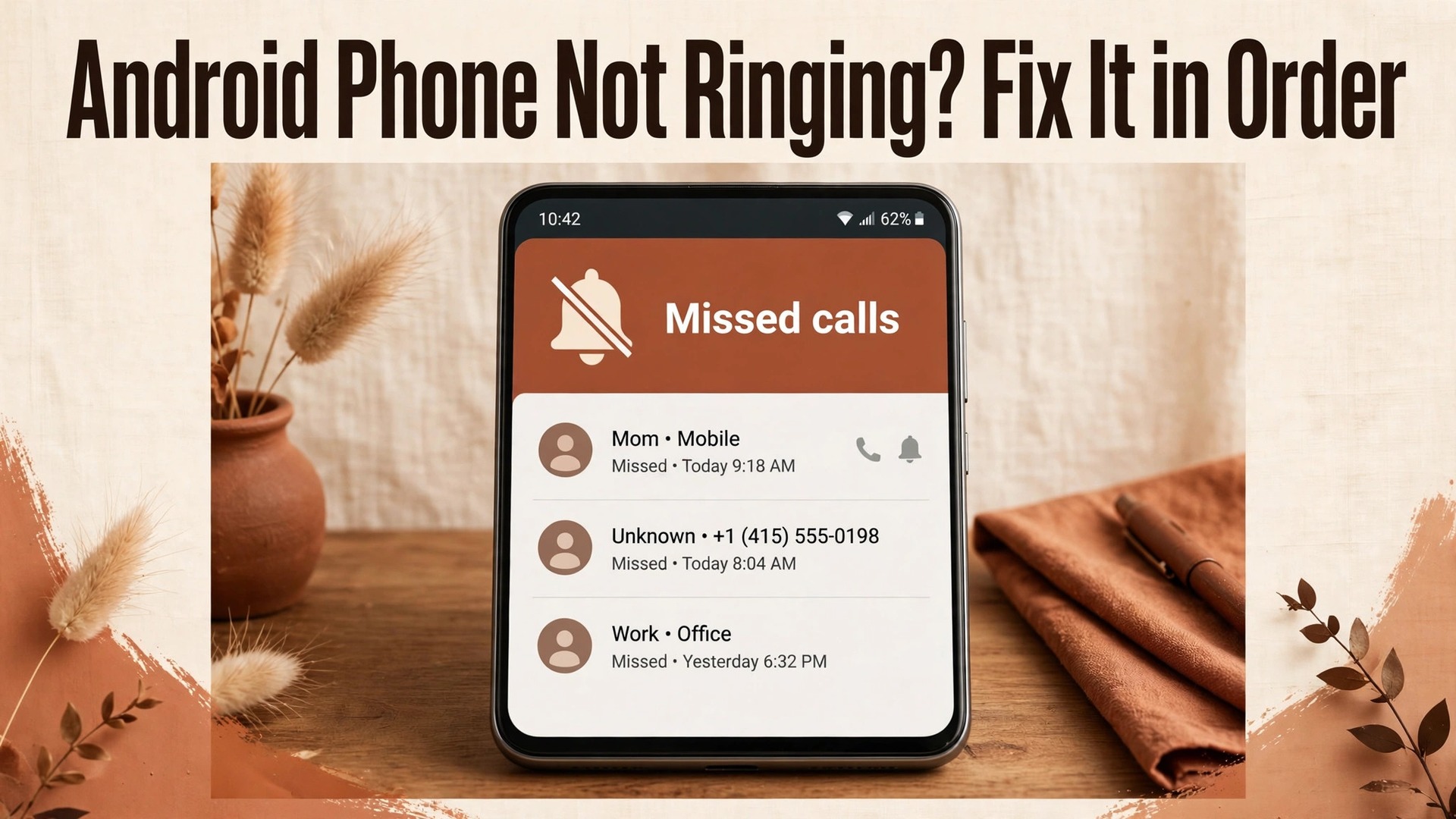fix Android phone not ringing calls thumbnail showing an Android phone showing missed calls without ringing