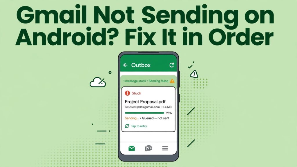fix Gmail app not sending emails Android thumbnail showing an Android phone showing Gmail outbox with stuck message