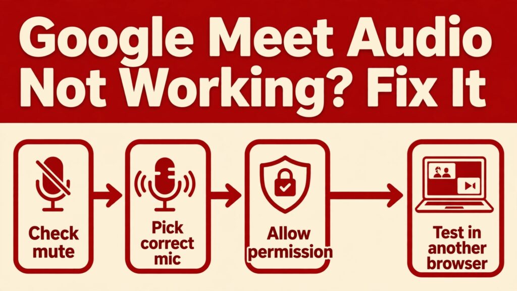 fix Google Meet audio not working thumbnail showing a flowchart diagnosing Google Meet audio failure direction