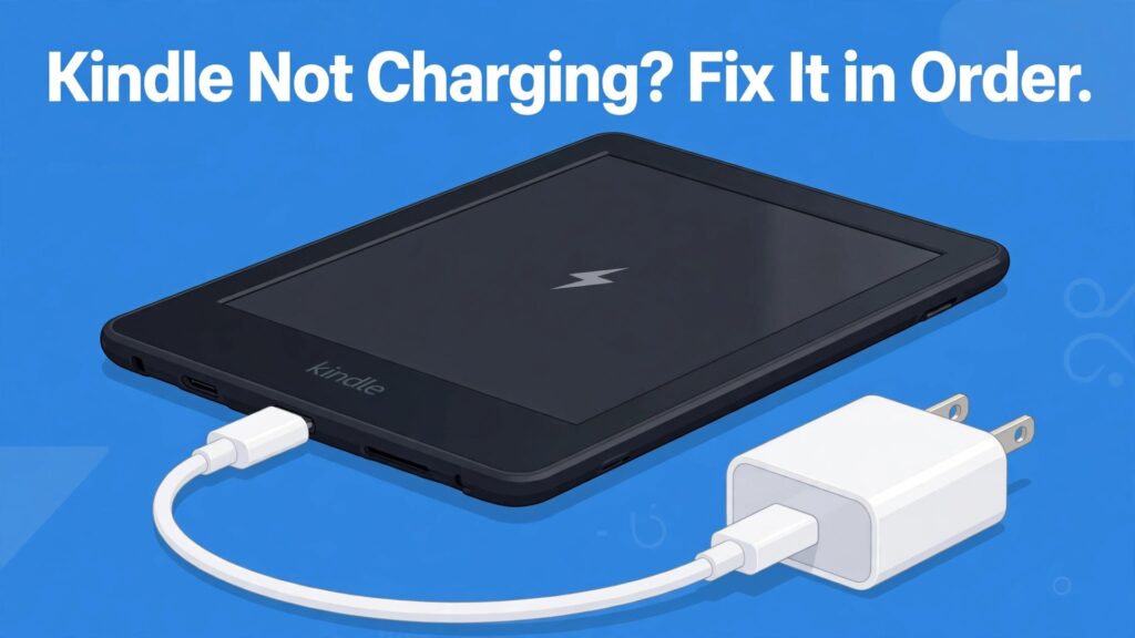 fix Kindle not charging thumbnail showing a chart of Kindle charging light meanings and bold title text Kindle Not Charging? Fix It in Order