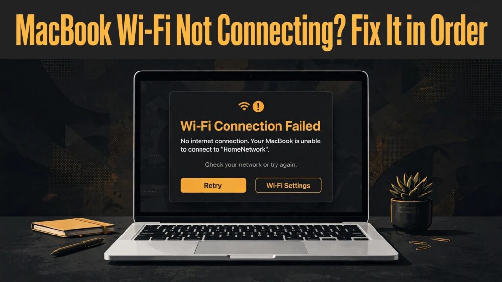 fix MacBook wi-fi not connecting thumbnail showing a MacBook showing Wi-Fi connection failure