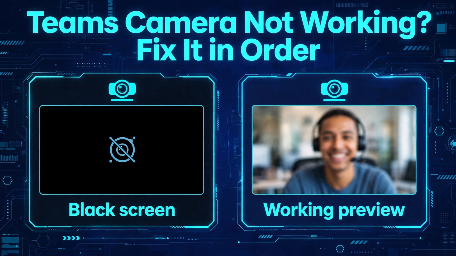 fix Microsoft Teams camera not working thumbnail showing a comparison of Teams camera symptoms and causes