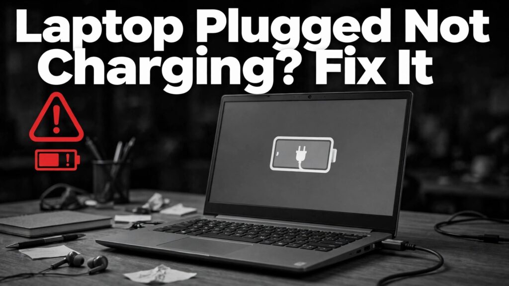 fix Windows laptop battery not charging thumbnail showing a Windows laptop showing plugged in not charging message