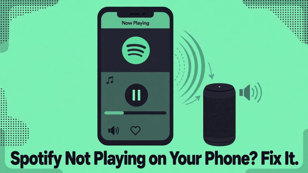 fix Spotify not playing songs phone thumbnail showing a phone music app compared with speaker output options