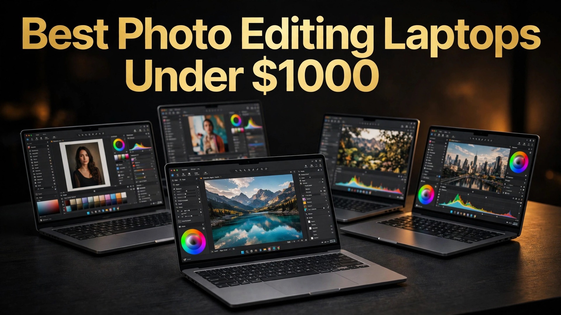 best laptop for photo editing under 1000 thumbnail showing photo editing laptops under $1000 and bold title text Best Photo Editing Laptops Under $1000