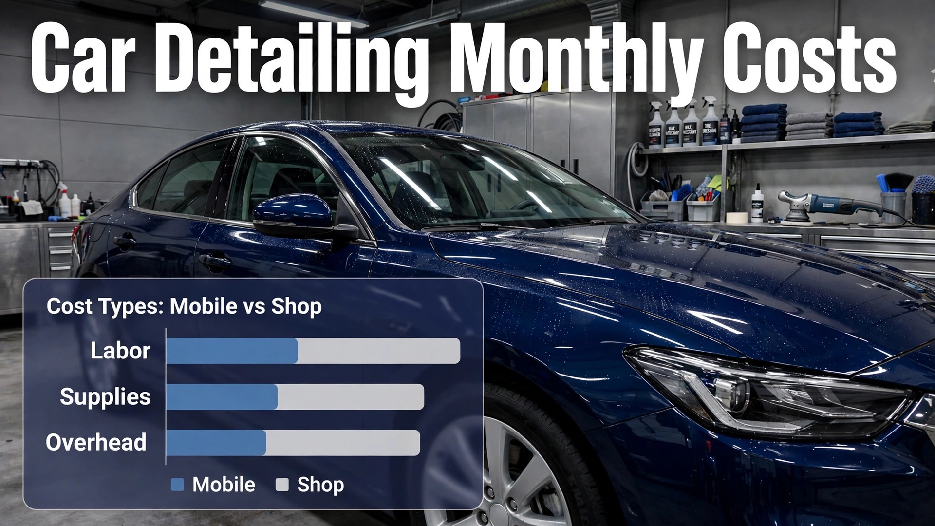 cost of running a car detailing business monthly thumbnail showing car detailing monthly costs for mobile and shop models and bold title text Car Detailing Monthly Costs