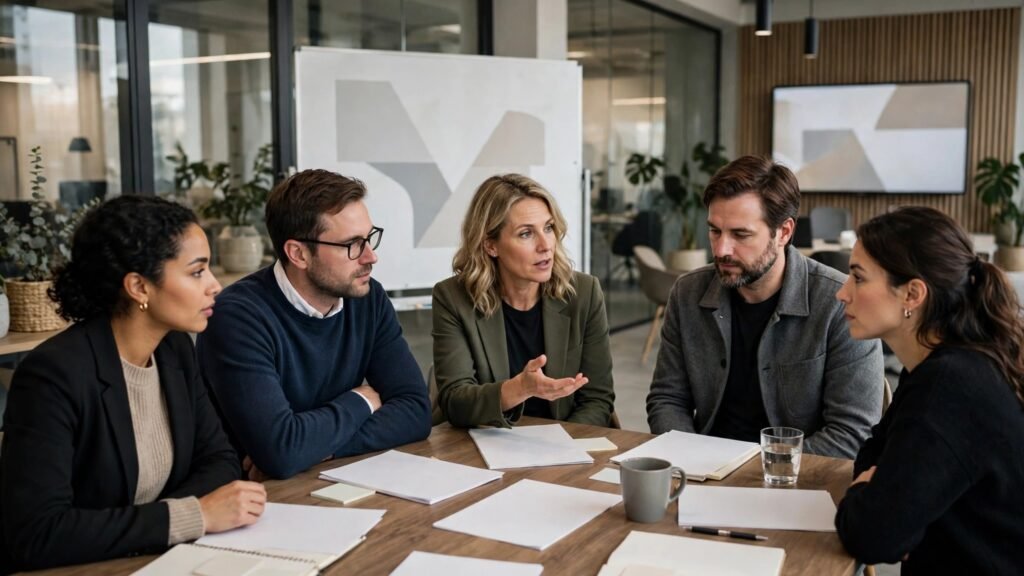 Editorial photo of a team in a feedback meeting in a modern office