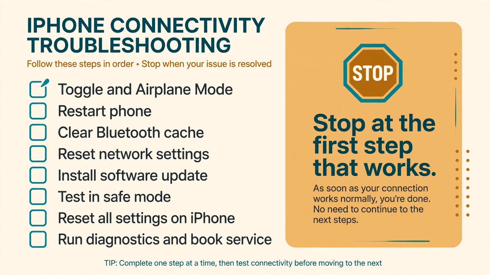 Checklist of eight Bluetooth fix steps in order