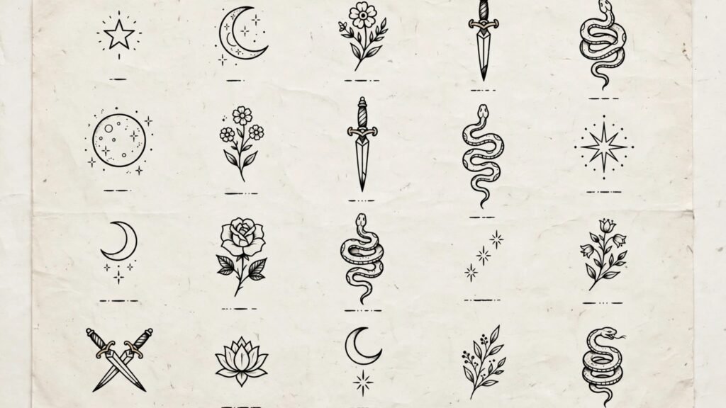 Tattoo flash sheet layout with multiple small designs