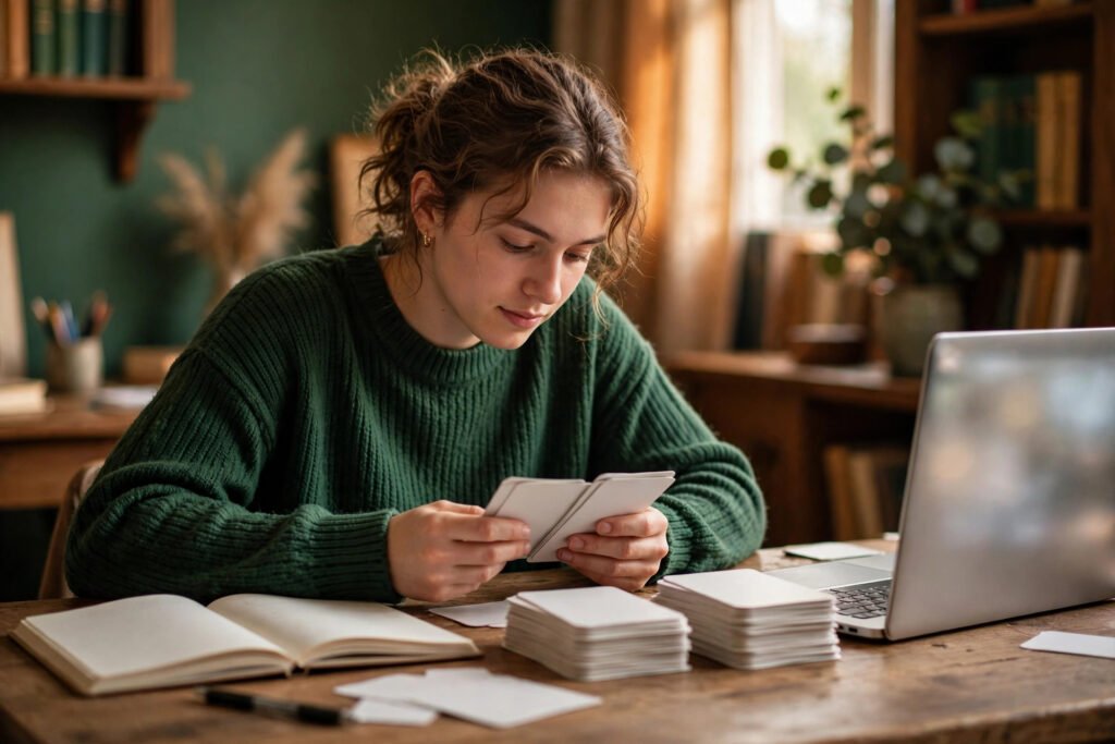 Photorealistic photo of a student revising with flashcards