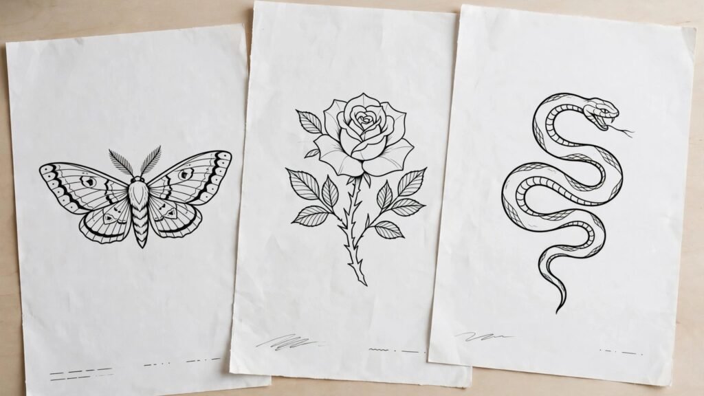 Flat AI tattoo designs on plain paper for artist review