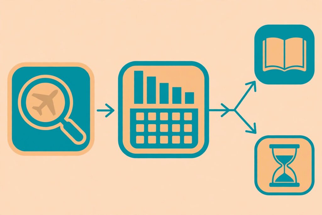 Flat vector illustration of a flight price calendar from search to booking decision