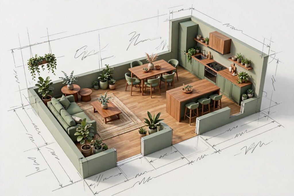 3D render of a renovated living space floor plan
