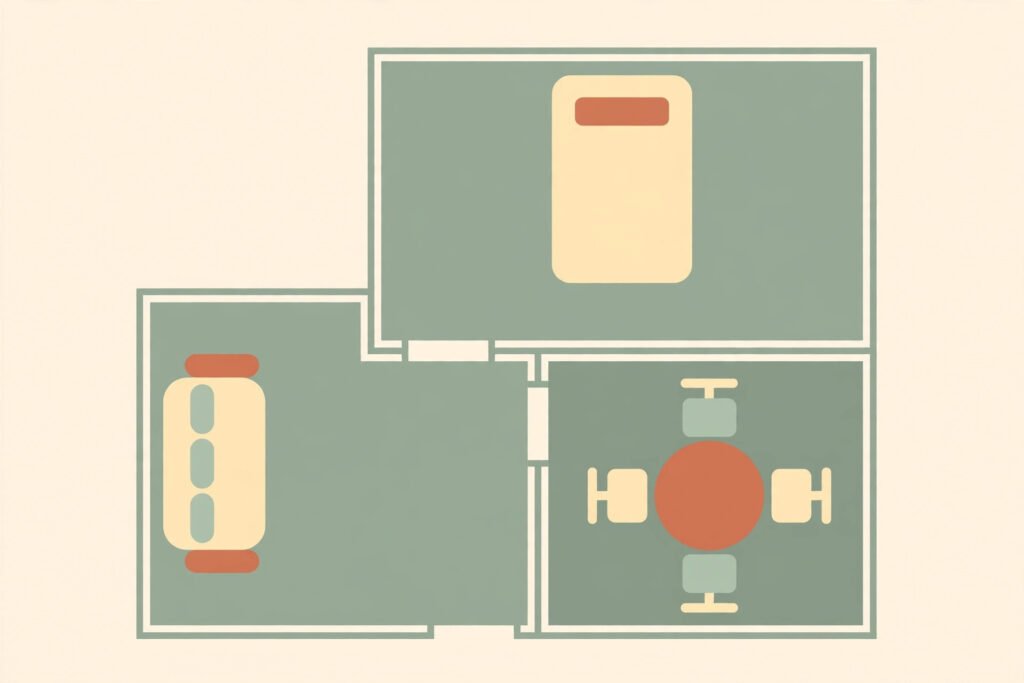 Flat vector illustration of a floor plan with furniture icons