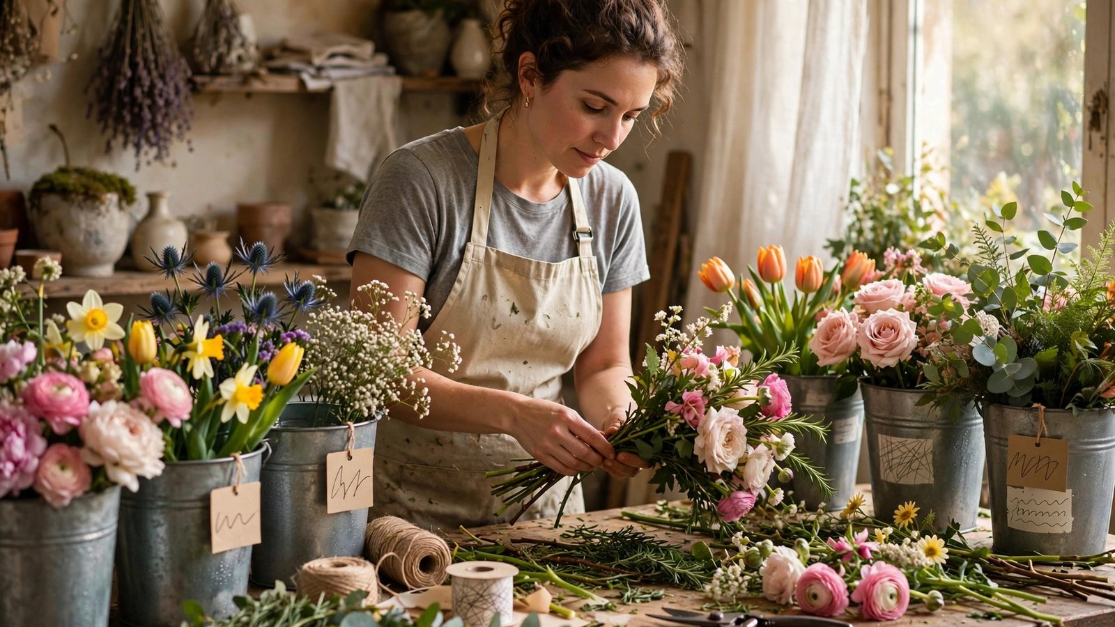 Florist arranging fresh flowers at a workbench