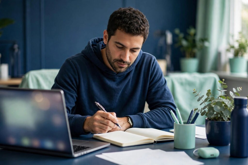 Photorealistic photo of a founder brainstorming domain names at a desk