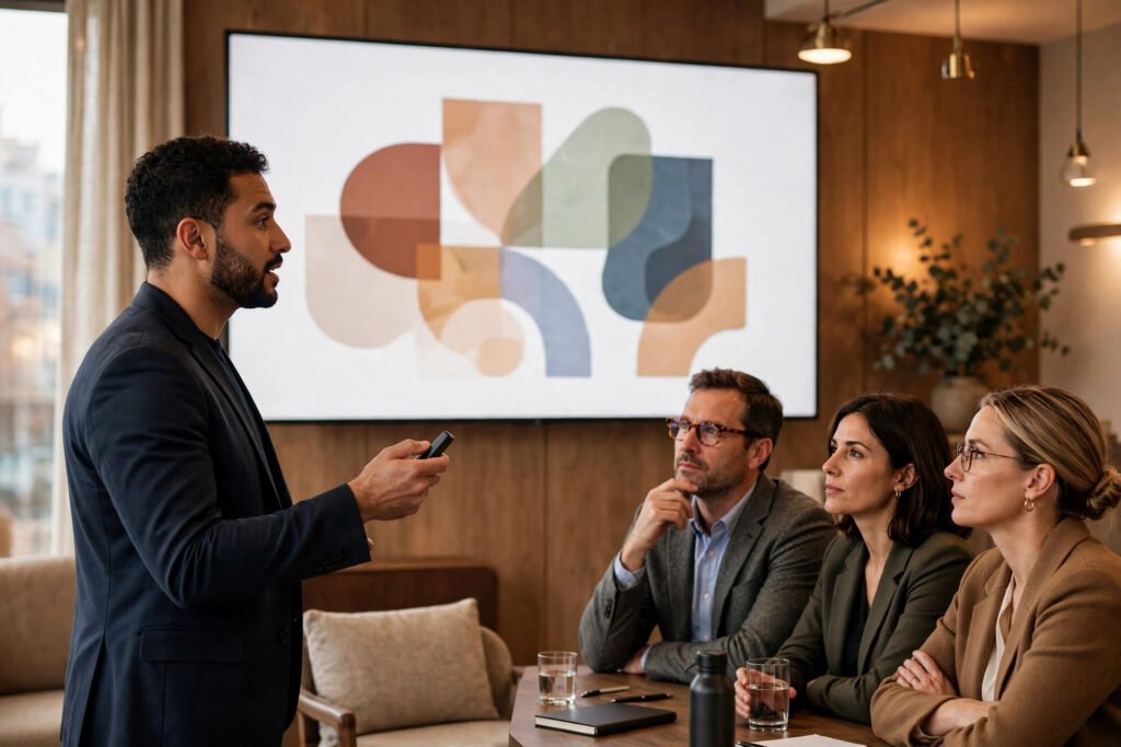 Editorial photo of a founder presenting a pitch deck to investors